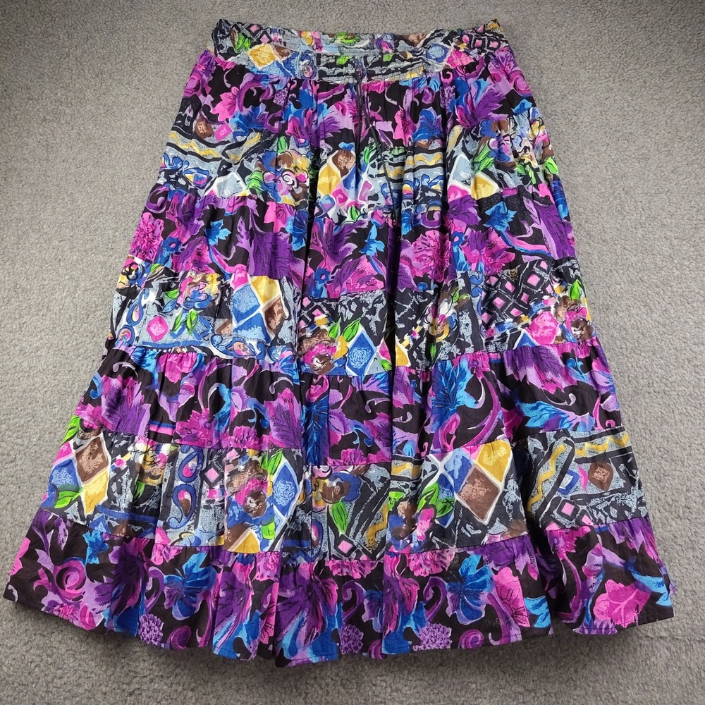 VTG Le Mieux Skirt One Size Tiered Maxi Abstract Floral Purple 100% Cotton EUC